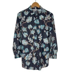 Chico's No Iron Stretch Floral Paisley Tunic Navy Button Front Women's 0.5 US 6